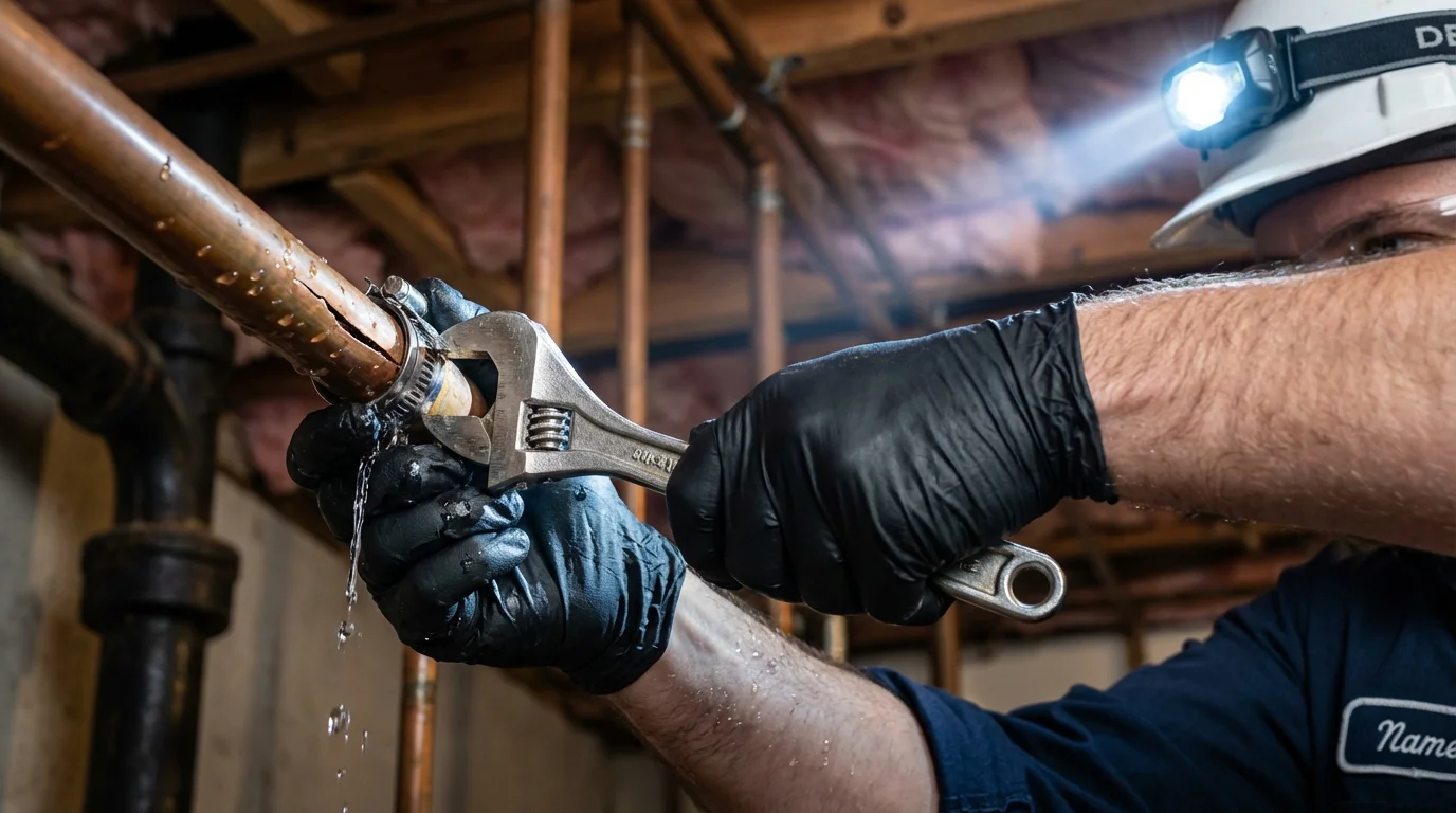 Emergency pipe clamp repair being performed by a Johns Plumbing LLC plumber in Cisco